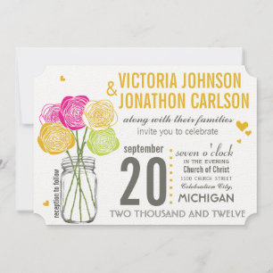Pink and Yellow Roses Typography Modern Wedding Invitation