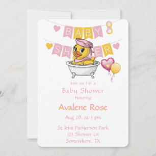 Pink and Yellow Rubber Duck Girl Baby Shower Invitation