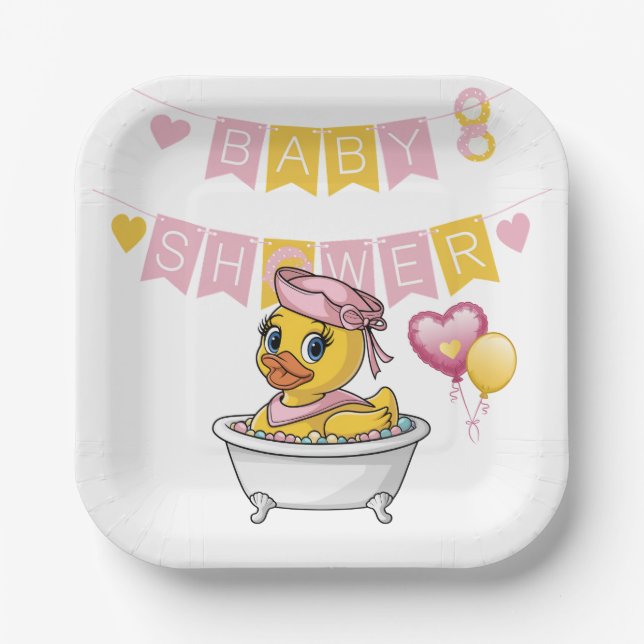 Pink and Yellow Rubber Duck Girl Baby Shower Paper Plate (Front)