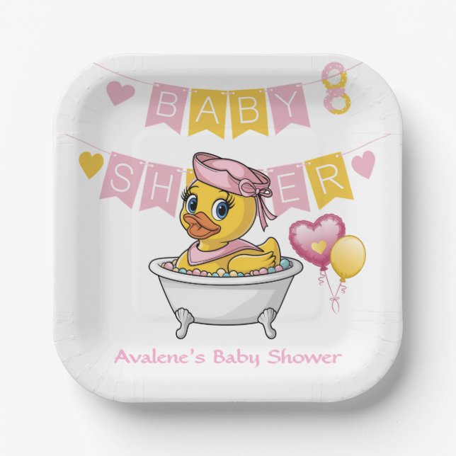 Pink and Yellow Rubber Duck Girl Baby Shower Paper Plate (Front)