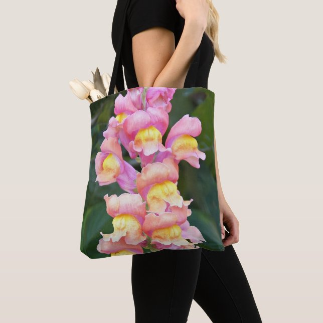 Pink and Yellow Snapdragon Floral Tote Bag (Close Up)
