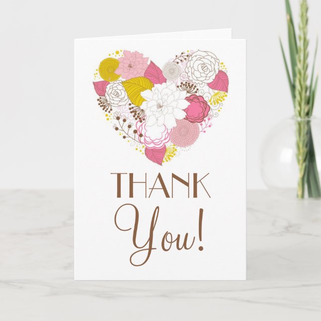 Pink and Yellow Spring Floral Heart Thank You Card (Front)