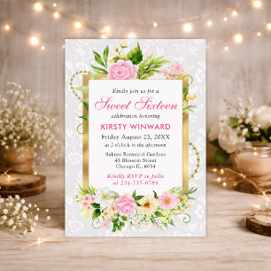 Pink and Yellow Summer Flowers Gold Foil Sweet 16 Invitation