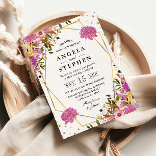 Pink and Yellow Summer Flowers Gold Frame Wedding Invitation