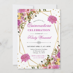 Pink and Yellow Summer Flowers Quinceanera Invitation