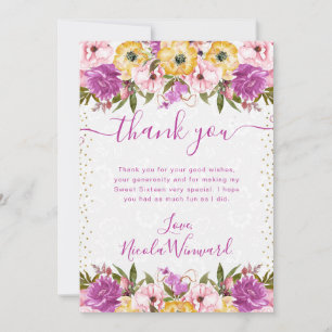 Pink and Yellow Summer Flowers Sweet Sixteen Thank You Card