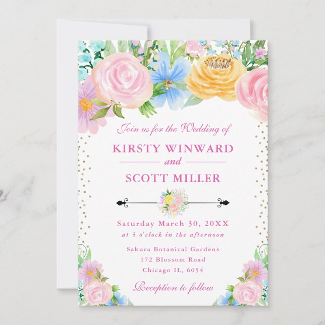Pink and Yellow Summer Flowers Wedding Invitation (Front)