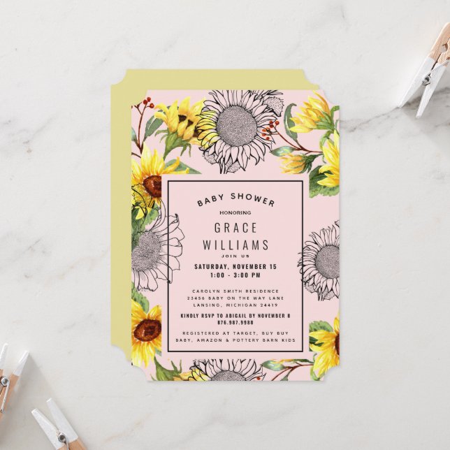 Pink and Yellow Sunflower Baby Shower Ticket Invitation (Front/Back In Situ)