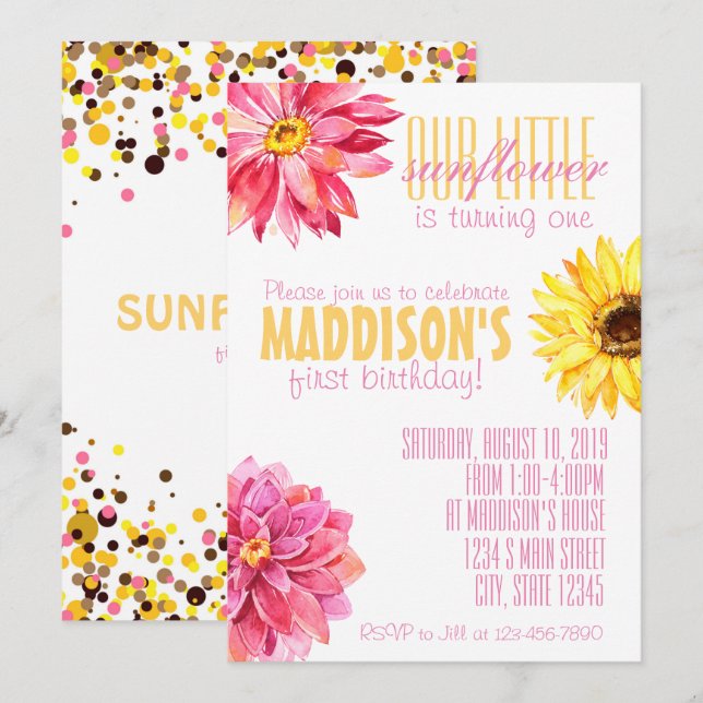 Pink and Yellow Sunflower birthday Invitation (Front/Back)