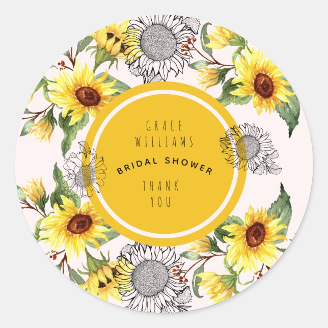 Pink and Yellow Sunflower Bridal Shower Thank You  Classic Round Sticker (Front)
