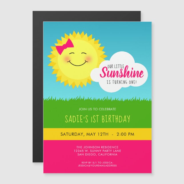 Pink and Yellow Sunshine Birthday Party Magnetic Invitation (Front/Back)