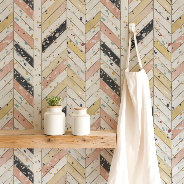 Pink and Yellow Terrazzo Chevron Herringbone Wallpaper (Creator Uploaded)