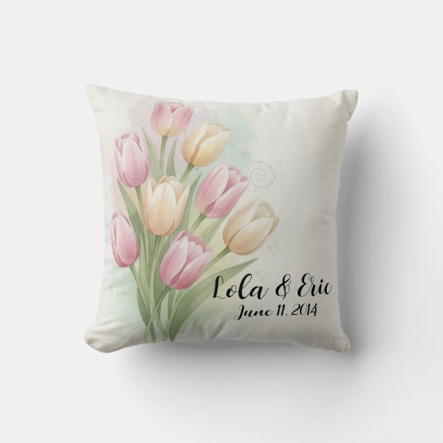 Pink and Yellow Tulip Flower Bouquet Anniversary Cushion (Front)