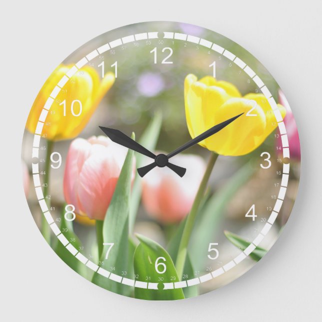 Pink and Yellow Tulips Large Clock (Front)