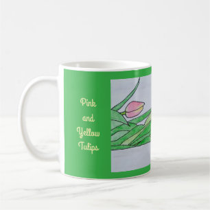 Pink and Yellow Tulips Laying Down Kelly Green Coffee Mug