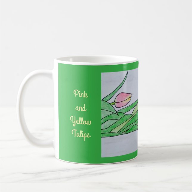 Pink and Yellow Tulips Laying Down Kelly Green Coffee Mug (Left)
