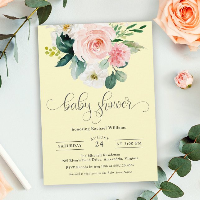 Pink and Yellow Watercolor Floral Baby Shower Invitation (Creator Uploaded)