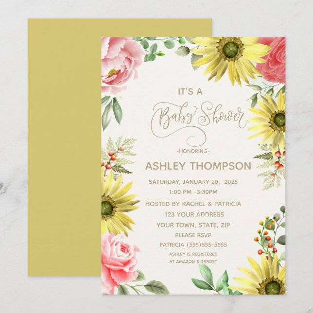 Pink and Yellow  Watercolor Floral Baby Shower   Invitation (Front/Back)