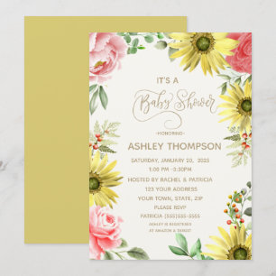 Pink and Yellow  Watercolor Floral Baby Shower   Invitation
