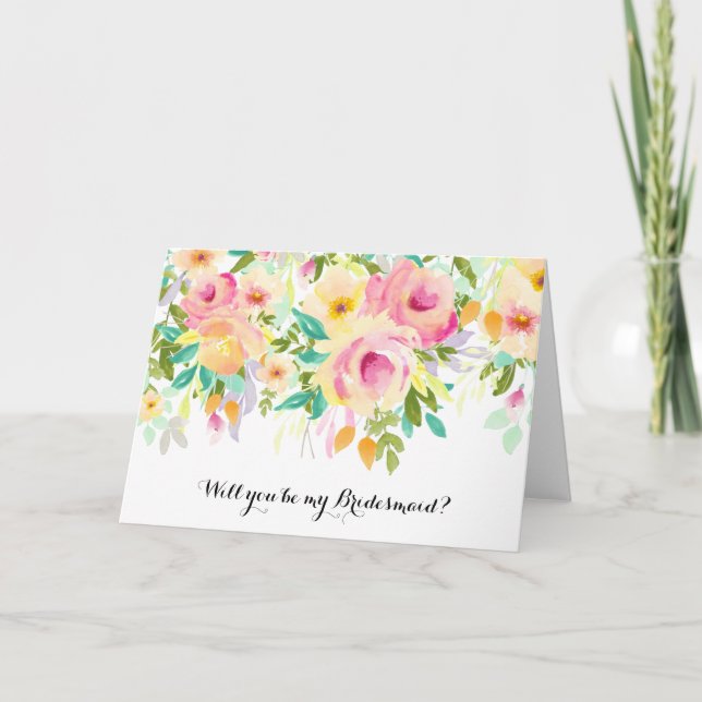 Pink and Yellow Watercolor Floral Bridesmaid Invitation (Front)
