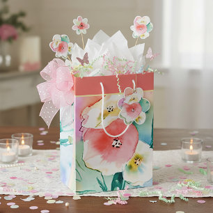 Pink and yellow watercolor floral medium gift bag