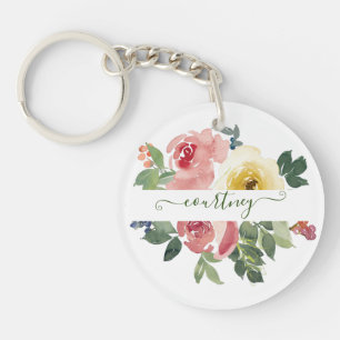 Pink and yellow watercolor floral personalised key ring