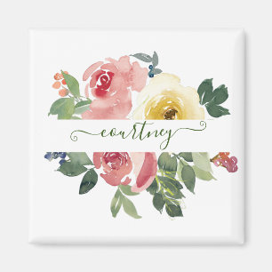 Pink and yellow watercolor floral personalised magnet