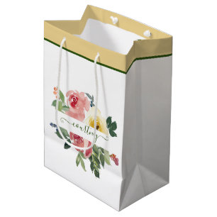 Pink and yellow watercolor floral personalised medium gift bag
