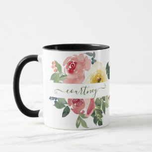 Pink and yellow watercolor floral personalised mug