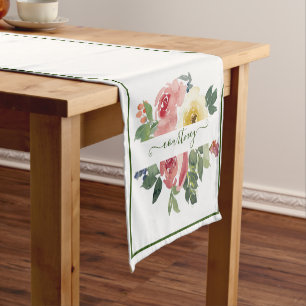 Pink and yellow watercolor floral personalised short table runner