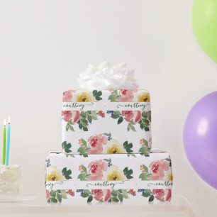Pink and yellow watercolor floral personalised wra wrapping paper