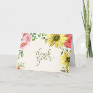 Pink and Yellow Watercolor Floral Thank You Card
