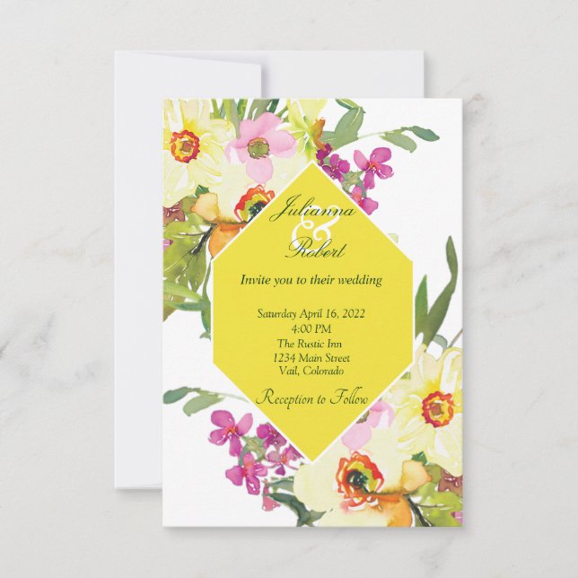 Pink and yellow watercolor floral wedding invitation (Front)