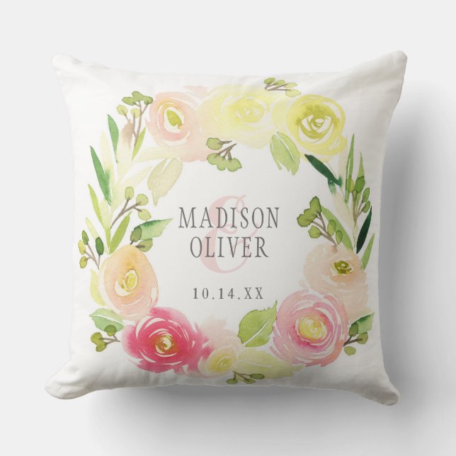Pink and Yellow Watercolor Floral Wreath | Wedding Cushion (Front)