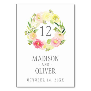 Pink and Yellow Watercolor Floral Wreath   Wedding Table Number