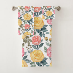 Pink and yellow watercolor rose bath towel set