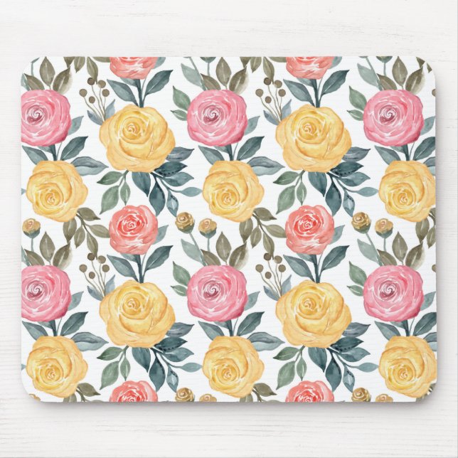 Pink and yellow watercolor rose mouse mat (Front)