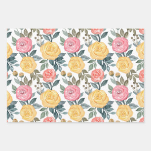 Pink and yellow watercolor rose wrapping paper sheet