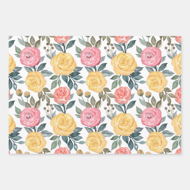 Pink and yellow watercolor rose wrapping paper sheet (Front)