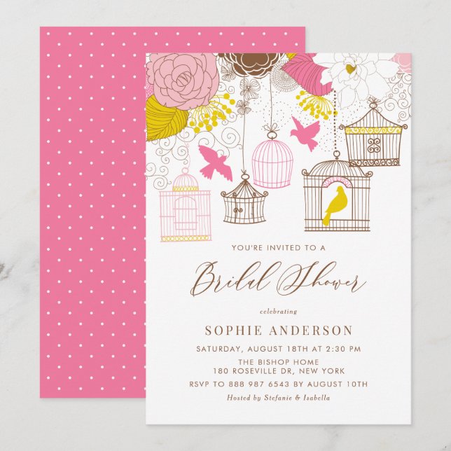 Pink and Yellow Whimsical Birdcages Bridal Shower Invitation (Front/Back)