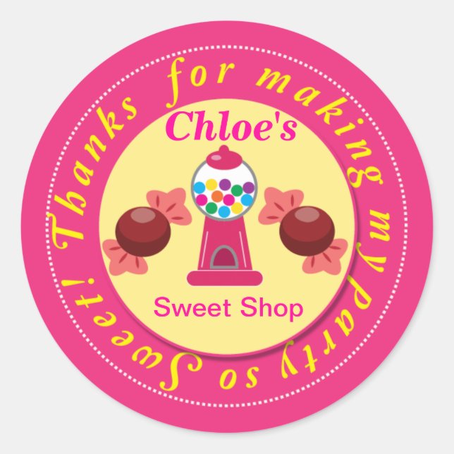 Pink and Yellow Whimsical Gumball Party Sticker (Front)