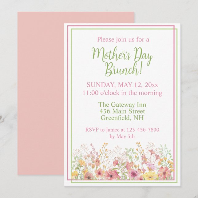 Pink and Yellow Wildflowers Mothers Day Brunch Invitation (Front/Back)