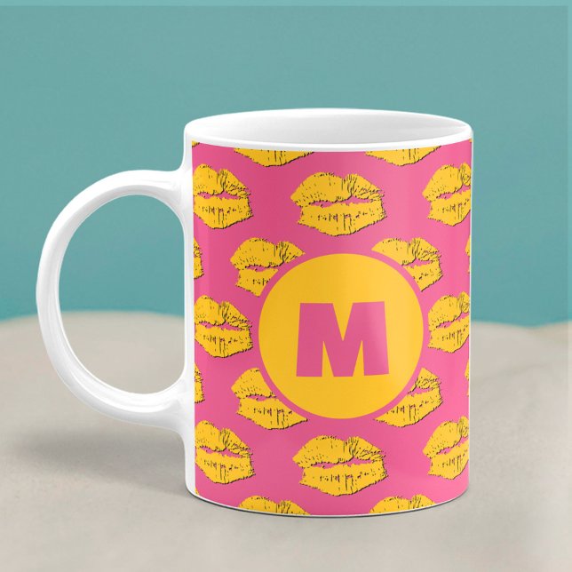 Pink and Yellow XOXO Kissing Lips Personalized Coffee Mug (Creator Uploaded)