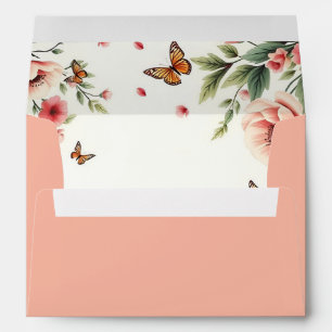 Pink anemone, butterflies floral border wedding envelope