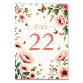 Pink anemone, butterflies floral border wedding table number