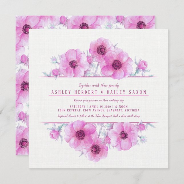 Pink anemone floral watercolor wedding invites (Front/Back)