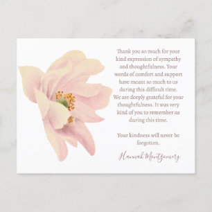 Pink Anemone Funeral Thank You Card, Sympathy Postcard