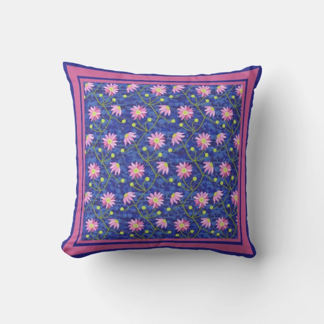 Pink Anemones Floral Pattern on Blue Cushion (Front)