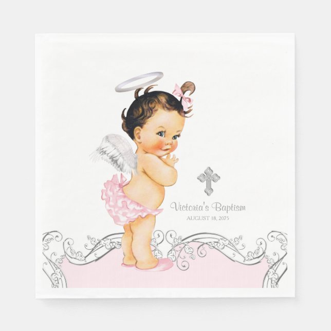 Pink Angel Baby Girl Baptism Christening Napkin (Front)