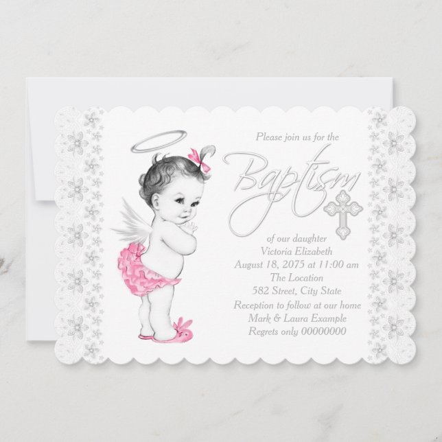 Pink Angel Baby Girl Baptism Invitation (Front)
